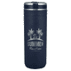 A drink bottle in navy blue with a straw, featuring a palm tree design and a logo.