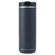 A drink bottle in navy blue with a stainless steel lid and a logo. Designed for thermal retention.
