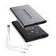 A silver and black power bank with USB ports and a charging cable, featuring a logo and colourful graphics.