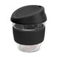 A drink bottle made of clear borosilicate glass with a black silicone lid and sleeve, featuring a branding logo.