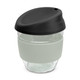 A drink bottle made of clear borosilicate glass with a black lid and grey silicone sleeve. Features a logo.