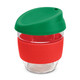 A drink bottle made of clear borosilicate glass with a green silicone lid and a red silicone band.