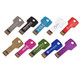 A collection of colourful square key flash drives in various hues including silver, blue, red, purple, and gold, featuring different logos.
