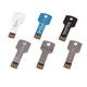 A collection of six key-shaped flash drives in silver, blue, black, and grey, featuring various brands.