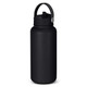 A drink bottle in matte black, featuring a handle and a sealed cap, with a logo on the front.