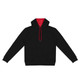 A black unisex hoodie with a red interior and drawstrings, featuring a front pocket and a hood.