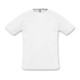 A white sporty men's T-shirt with a rounded neckline and short sleeves, featuring a logo on the tag.
