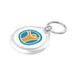 Round acrylic keyring featuring an orange and teal design, attached to a silver keychain.