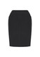 A black bandless pencil skirt with two pockets and a fitted style. It features a simple, sleek design.