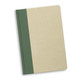 A notebook featuring a cream cover with a green spine. It includes a logo on the front.