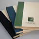 A set of three notebooks in black, dark green, and blue, featuring a logo on the front cover.