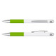 A metal pen featuring a white barrel with a vibrant green grip and chrome accents. The pen has a branding logo.
