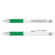A green and white metal pen featuring a textured grip and a clip, showcasing both closed and open positions.