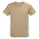 A beige unisex T-shirt featuring a classic crew neck and short sleeves, with a logo on the label. A beige unisex T-shirt featuring a classic crew neck and short sleeves, with a logo on the label.