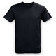 A plain black unisex T-shirt features a crew neck and short sleeves. It has a logo on the front. A plain black unisex T-shirt features a crew neck and short sleeves. It has a logo on the front.