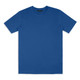 A blue unisex T-shirt featuring a solid colour design and a label with branding.