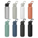 A drink bottle collection featuring eight recycled aluminium bottles in various colours: silver, green, white, orange, teal, navy, and black. Each bottle has a lid with a clip. A drink bottle collection featuring eight recycled aluminium bottles in various colours: silver, green, white, orange, teal, navy, and black. Each bottle has a lid with a clip.