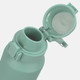 A drink bottle made of recycled aluminium in a mint green hue, featuring a flip-top lid and a secure clasp.