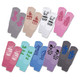 A collection of colourful fluffy grip socks in various designs, featuring multiple patterns and text elements.
