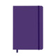 A purple A5 notebook with a ribbon bookmark and an elastic band closure. It features a logo on the cover. A purple A5 notebook with a ribbon bookmark and an elastic band closure. It features a logo on the cover.