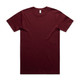A maroon block tubular tee with a round neck and short sleeves. It features a logo on the label.