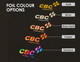 A display of foil colour options including gold, silver, rose gold, copper, and rainbow. Each option features a logo.