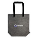 A grey tote bag with black handles and a logo on the front. Ideal for carrying various items.
