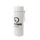 A white drink bottle with a logo, featuring a secure lid and a carrying strap.
