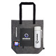 A grey tote bag containing a pen, notepad, drink bottle, and a pack of colourful treats, featuring a logo.