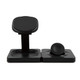 A black wireless charger featuring a stand with a flat charging pad beside it. The product has a logo.
