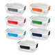 A set of glass lunch boxes with colourful silicone clips in grey, orange, green, blue, and navy. Each box is transparent. A set of glass lunch boxes with colourful silicone clips in grey, orange, green, blue, and navy. Each box is transparent.