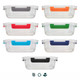 A set of transparent lunch boxes with coloured handles in grey, orange, red, green, blue, and black. Each box has a lid.