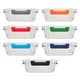 A set of six clear storage containers with colourful handles in grey, orange, red, green, blue, and navy.