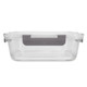 A clear lunch box with a grey handle, featuring a secure lid for storage. It has a simple, modern design.