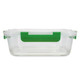 A clear lunch box with a green handle, designed for easy transport and storage of meals.