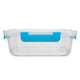 A clear lunch box with a blue handle, featuring a sturdy lid and transparent design.