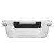 A clear lunch box with a black handle, designed for food storage. It features a transparent design for visibility.