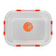 A clear lunch box with orange and pink accents, featuring a logo in the centre.