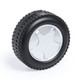 A black and silver keyring styled as a tire, featuring a textured rubber surface and metallic centre.