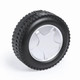 A black and silver keyring designed as a stylised tyre, featuring a detailed tread pattern.