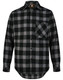 A unisex flannel plaid shirt in black and grey, featuring a button-up front and chest pocket, with a logo tag.