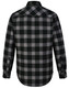 A back view of a unisex flannel plaid shirt in black and grey, featuring a checkered pattern and buttoned cuffs.
