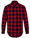A unisex flannel plaid shirt in red and navy, featuring a button-up design and long sleeves. It has a logo on the back.