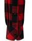 A close-up of a unisex flannel shirt featuring a red and black plaid pattern with button details on the cuff.