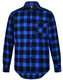 A blue and black plaid button-up shirt with a chest pocket and a logo on the collar.