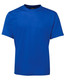 A blue t-shirt with a round neckline and short sleeves, featuring a logo on the label.