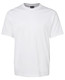 A plain white T-shirt featuring a crew neck and short sleeves, with a logo on the label.