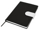 A black A5 notebook with a contrasting white clasp and an elastic closure, featuring a ribbon bookmark.