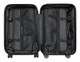 A black wheeled suitcase interior featuring two compartments with mesh pockets and straps for organisation. A black wheeled suitcase interior featuring two compartments with mesh pockets and straps for organisation.