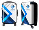 A wheeled suitcase in white and blue with a logo and geometric design. Features two wheels and a telescopic handle. A wheeled suitcase in white and blue with a logo and geometric design. Features two wheels and a telescopic handle.